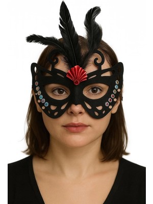 LuxeGem Siyah Renk Siyah Süet Kaplama Tüylü Kelebek Figür Parti Maskesi 24X18 cm