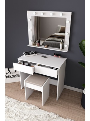 DF02103B Hollywood Işıklı Aynalı Çekmeceli Tabureli Makyaj Masası