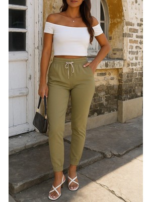 Stores36 Kadın Kısa Kollu Madonna Yaka Viskon Crop Bluz Cepli Iki Iplik Eşofman Takım