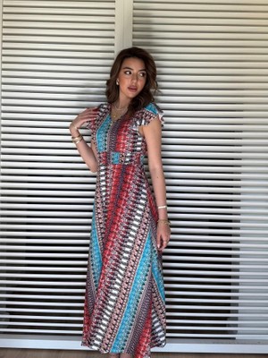 Stores36 Kadın Kısa Kollu V Yakalı Desenli Yandan Yırtmaçlı Süprem Elbise