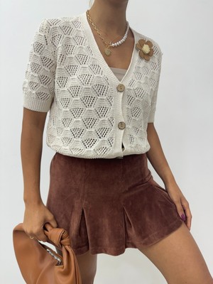 Modamorfo Çiçek Rozetli Ajurlu Triko Hırka -Taş