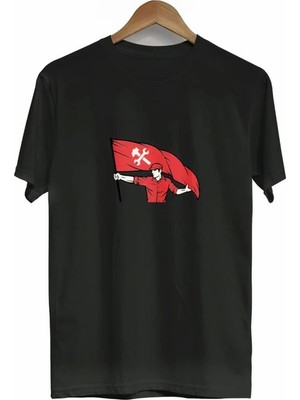 Stores36 1 Mayıs Emekçilerimiz Için Özel Tasarım Bayraklı Emekçi Baskılı T-Shirt - Siyah