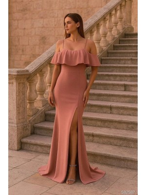 Stores36 Kadın Dalgıç Krep Yırtmaç Detaylı Askılı Maxi Boy Elbise