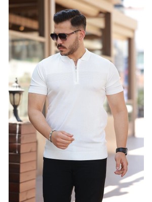 Stores36 Erkek Göğüs Pirinç Desenli Fermuar Yakalı Kısa Kollu Tişört