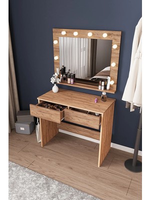 Dekorfim DF02108AC LED Işıklı Aynalı Holywood Makyaj Masası, Bölmeli Çekmeceli Organizer Kozmetik Masası