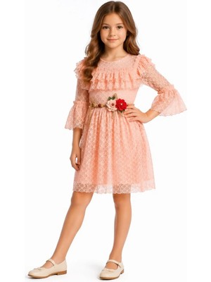 İrem Çocuk Giyim Kız Çocuk Dantel Güpürlü Astarlı Beli Kemerli Somon Renk Midi Boy Elbise