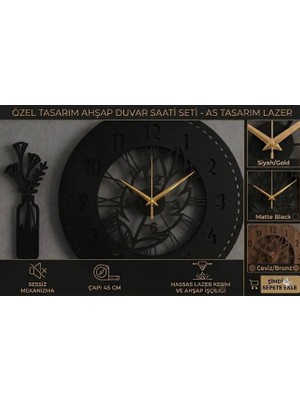 As Tasarım Lazer Lura Dekoratif Ahşap Duvar Saati ve Vazo Seti SİYAH RENK 45 CM.