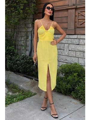 Stores36 Göğsü Aksesuarlı Önü Yırtmaçlı Elbise 2899