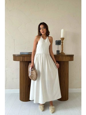 Stores36 Bej Arkası Gipeli Keten Elbise