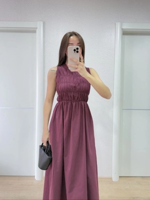 Stores36 Kolsuz Göğüs Lastıklı Uzun Elbise - Bordo