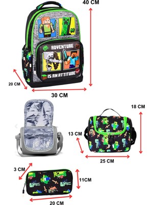 Just Polo  3’lü Ilkokul Yeşil Baskılı, Erkek Çocuk Beslenmeli ve Kalemlikli Okul Çantası