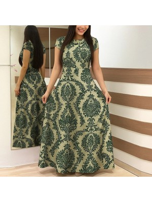 Stores36 Kadın Kısa Kollu Bisiklet Yaka Puantiyeli Maksi Örme Krep Elbise