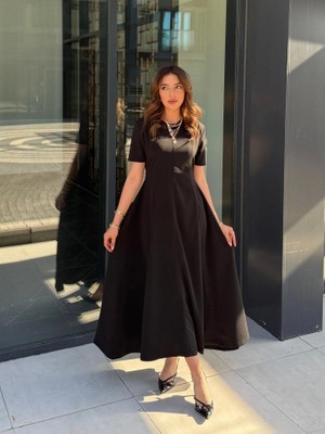 Stores36 Kadın Kısa Kollu Bisiklet Yaka Maksi Boy Ithal Krep Elbise