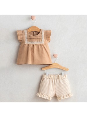 Tongs Baby Dantel Işlemeli Fırfırlı Şortlu  %100 Pamuk Kız Bebek Takım
