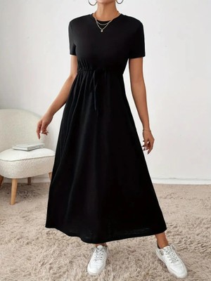 Stores36 Kadın Kısa Kollu Bisiklet Yaka Belden Bağcıklı Cepli Viskon Elbise