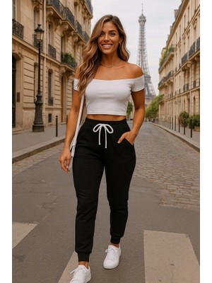 Stores36 Kadın Kısa Kollu Madonna Yaka Viskon Crop Bluz Cepli Iki Iplik Eşofman Takım