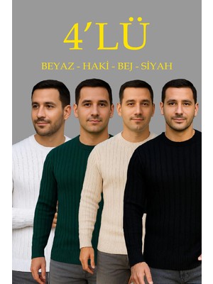 3 Fitilli Triko Kazak 4 Lü Set - Beyaz, Haki, Bej, Siyah | Kalın Dokuma Pamuklu Regular Fit Bisiklet Yaka Uzun Kollu Kışlık ve Baharlık Rahat Triko Kombini