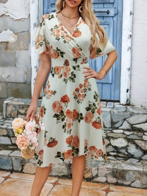 Stores36 Kadın Kısa Kollu Kruvaze Yakalı Desenli Süprem Kısa Elbise