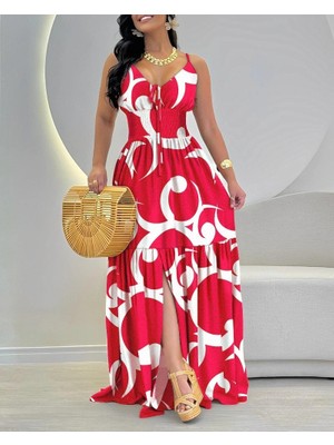 Stores36 Kadın Ip Askılı Dekolteli Bağcıklı Yırtmaçlı Desenli Süprem Elbise