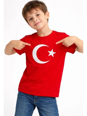 3 Erkek Çocuk Tişört Bisiklet Yaka Ay Yıldız Bayrak Baskılı T-Shirt - Kırmızı
