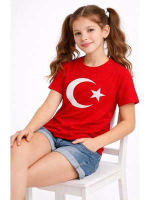 3 Kız Çocuk Tişört Bisiklet Yaka Ay Yıldız Bayrak Baskılı T-Shirt - Kırmızı