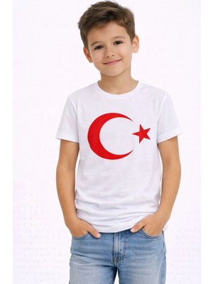 3 Erkek Çocuk Tişört Bisiklet Yaka Ay Yıldız Bayrak Baskılı T-Shirt - Beyaz