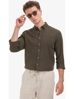 Pierre Cardin Erkek Haki Keten Karışımlı Regular Fit Uzun Kollu Gömlek 50320941-VR027