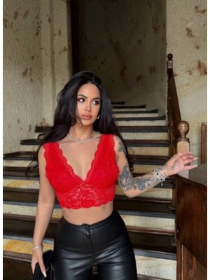 3 Kadın Dantel Bralet Crop Sütyen V Yaka Askılı Şık Esnek Rahat - Kırmızı