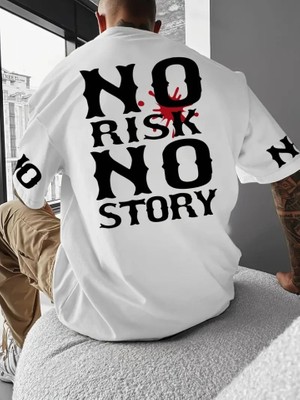 Stores36 Baskılı Oversize Bisiklet Yaka T-Shirt - Beyaz