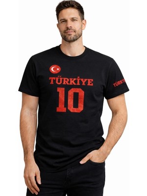 3 Erkek Türkiye Ay Yıldız Baskılı 10 Numara Forma Tişört Taraftar T-Shirt - Siyah