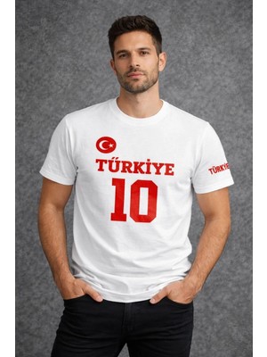 3 Erkek Türkiye Ay Yıldız Baskılı 10 Numara Forma Tişört Taraftar T-Shirt - Beyaz