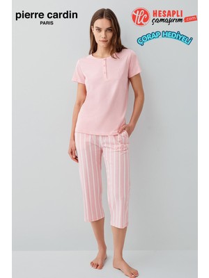 Pierre Cardin Kadın Büyük Beden Modal Pamuklu Rahat Kalıp Çizgili Kapri Kısa Kol Pijama Takım