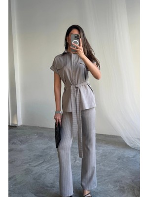 Stores36 Çizgili Polyviskon Bluz - Pantolon Takım - Gri