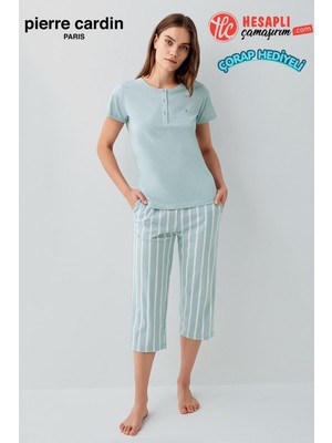 Pierre Cardin Kadın Büyük Beden Modal Pamuklu Rahat Kalıp Çizgili Kapri Kısa Kol Pijama Takım