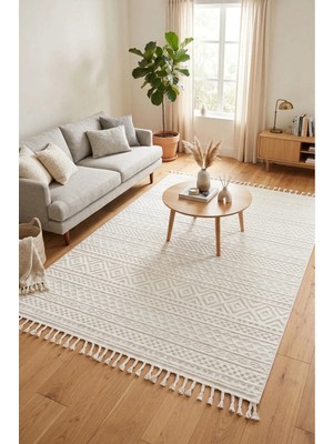 Ceremony Home Krem Modern Saçaklı Dokuma Salon Halısı - Leke Tutmaz Dokuma Makine Halısı