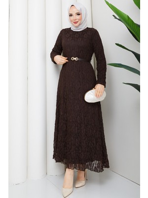 Pamuk Butik Kadın Kemerli Astarlı Tül Elbise -PMK540