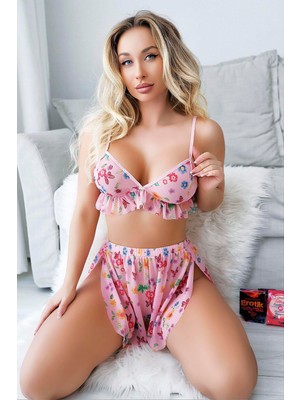 İlk El Grup Ieg™ Pembe Desenli Fantezi Tül Şortlu Sütyen Takımı