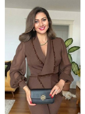 Zishan Fashion Lüks Siyah Boncuk Detaylı Kadın Ikili Takım – Şifon Kollu Ceket ve Pantolon – 36-48 Geniş Beden 415