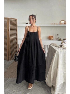Stores36 Siyah Askılı Müslin Elbise