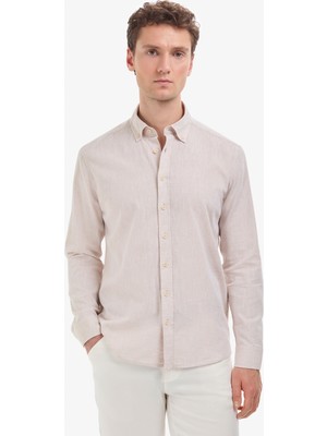 Pierre Cardin Erkek Bej Keten Karışımlı Regular Fit Uzun Kollu Gömlek 50320941-VR011