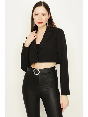 Select Moda Kadın Mavi Tek Düğme Kapamalı Crop Blazer Ceket %85 Polyester %15 Elastane Şık Tasarım