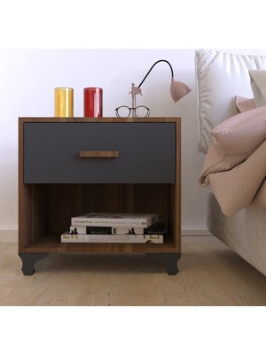 Metalia Gm 027 Tek Çekmeceli Komidin Ceviz Antrasit Gri Klasik Tasarım Suntalam Malzeme