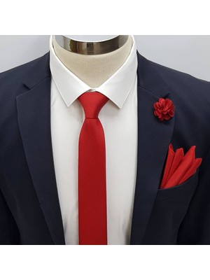 Brianze Kırmızı Kravat Mendil Yaka Çiçeği Seti Kmd-2 Şık ve Özel Günler İçin Uygun