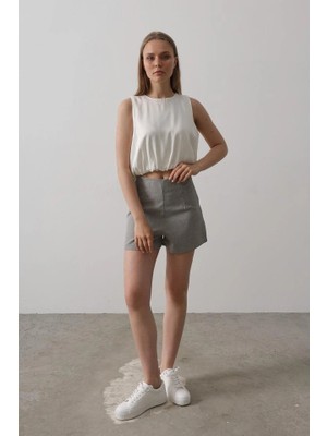 Stores36 Saten Kolsuz Belki Lastikli Bluz - Ekru