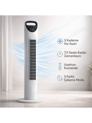 Smayling Kule Tipi Vantilatör | 3 Kademe Hız, 7.5 Saat Zamanlayıcı, Uzaktan Kumandalı, Sessiz Çalışma, Salınımlı Fan, 45W