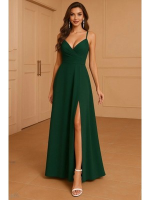 Stores36 Kadın Ip Askılı Kruvaze Yakalı Derin Dekolteli Yırtmaçlı Ithal Krep Elbise