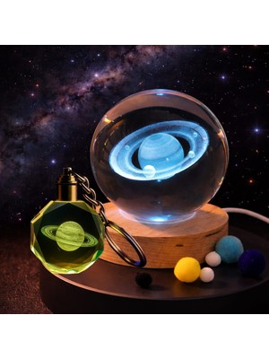 SHC4200 Işıklı Satürn Gezegen Tasarımlı Cam Küre Kristal Anahtarlık Hediye Seti