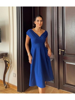 Stores36 Kadın Kısa Kollu Kruvaze Yaka Eteği Volanlı Krep Elbise