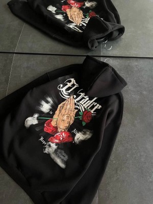 Stores36 Üç Iplik Penye Uzun Kol Kapşonlu Baskılı Sweatshirt - Siyah