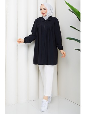 Pamuk Butik Kadın Pileli Fermuar Detaylı Polo Yaka Tunik -PMK545